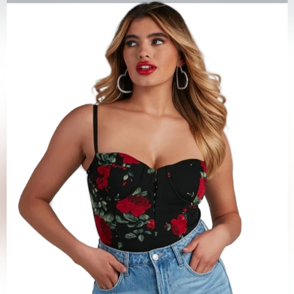 Windsor Tops - Size XS Red and Black Floral body suit from Windsor